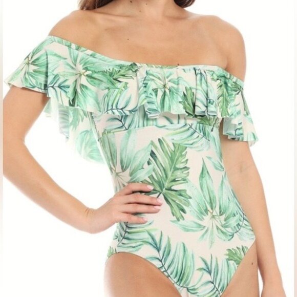 Gianni Bini Green Off-The-Shoulder One Piece Ruffle Swimsuit Size XS - Picture 1 of 7